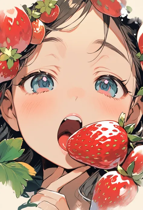 ghibli, a girl is gazing longingly at a large strawberry with her mouth wide open, face close-up