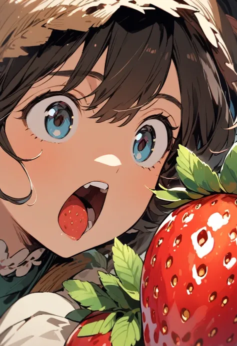 ghibli, a girl is gazing longingly at a large strawberry with her mouth wide open, face close-up