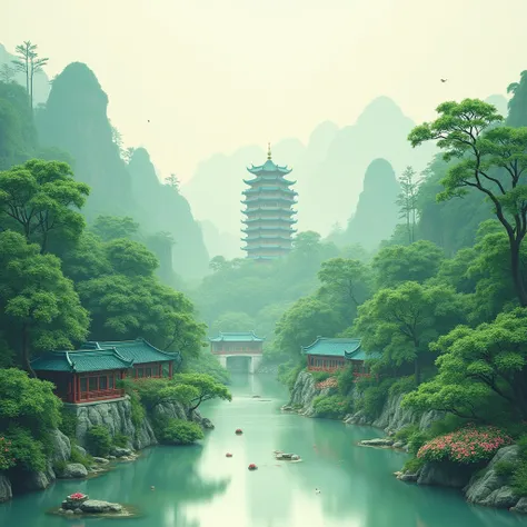 Summer scenery, dense forests, pavilions, Wenchang Tower, white-bottomed Chinese paintings, green, paper illustrations: 2, 3D bas-relief, 8K, high-definition.