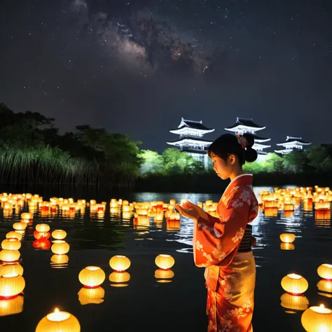 a river with a calm flow、night sky、small lanterns with candles on them are floated down the river in bamboo boats.、a girl in a y...