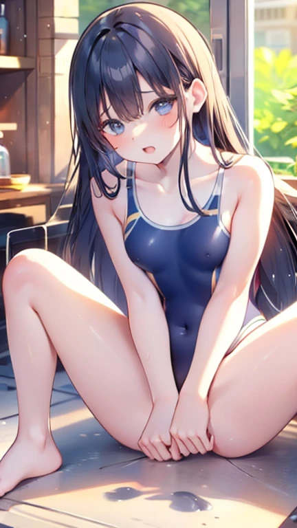 (Highest quality)), ((masterpiece)), (detailed), One Woman，14歳のBeautiful woman，Very sexy，(((very small breasts 1.5,One piece navy blue competitive swimsuit))),
Beautiful woman，Beautiful little face，Beautiful teeth alignment，Beautiful 8-head body line，Slend...