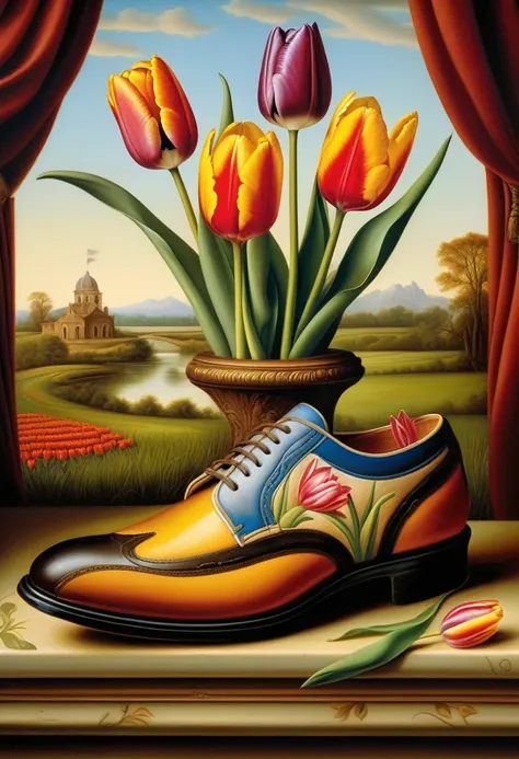 surreal illustration by Kevin Sloan, oil painting, Beautiful tulips in a torn old shoe, against the background of Renaissance wildlife 
((Kevin Sloan style)) ,((Hyper-realistic)), Kevin Sloan gradient, Complex details, Intricate, aesthetics, ((best quality...