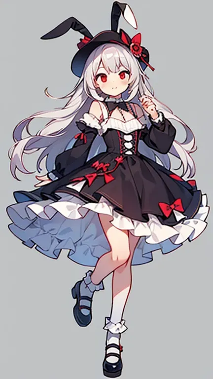 one girl,silver long hair,red eyes,silver bunny ears hat,strange dress,white socks,unusual shoes,There&#39;s blood on the rabbit&#39;s ears