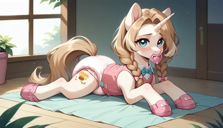 pony, light caramel unicorn, adult mare, plum eyes, lush mane braided, bushy tail, sitting in the room on a soft play mat, dressed in a hot pink vest and pink booties, pink pacifier in mouth, solo, thick light pink diaper under clothes.