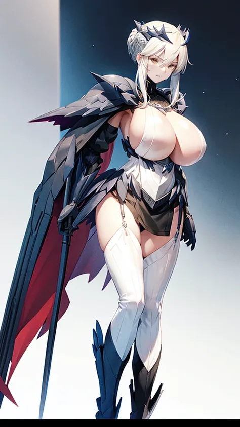 Adult female with white hair and big breasts，Breastplate，slim figure，Queen，black knight armor，Iron skirt，Thin legs，iron boots，Standing，castle