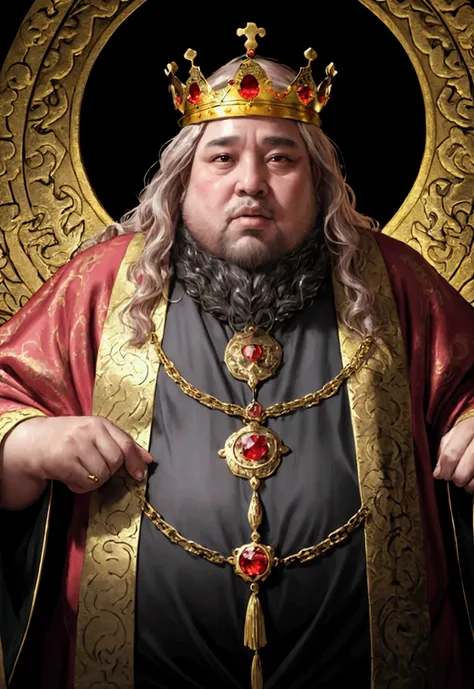 medieval king, old, 55, corrupt and morbidly obese, small eyes buried deep in his face, small mouth and a large thick beard. he ...