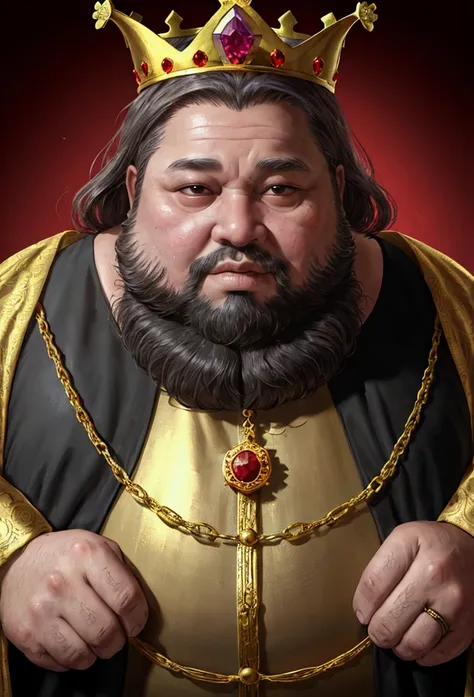 medieval king, old, 55, corrupt and morbidly obese, small eyes buried deep in his face, small mouth and a large thick beard. he ...