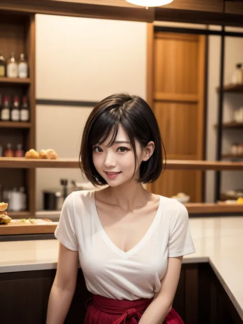 Portraiture、8k、high quality、Realistic Photographic Images、50 years old、Japanese women、Wrinkles around the eyes、、Beautiful Black Hair、short hair、short hair、light makeup、A kind smile、Laughter、Short sleeveの服、Bright colors、Casual clothing、Short sleeve、Short sl...