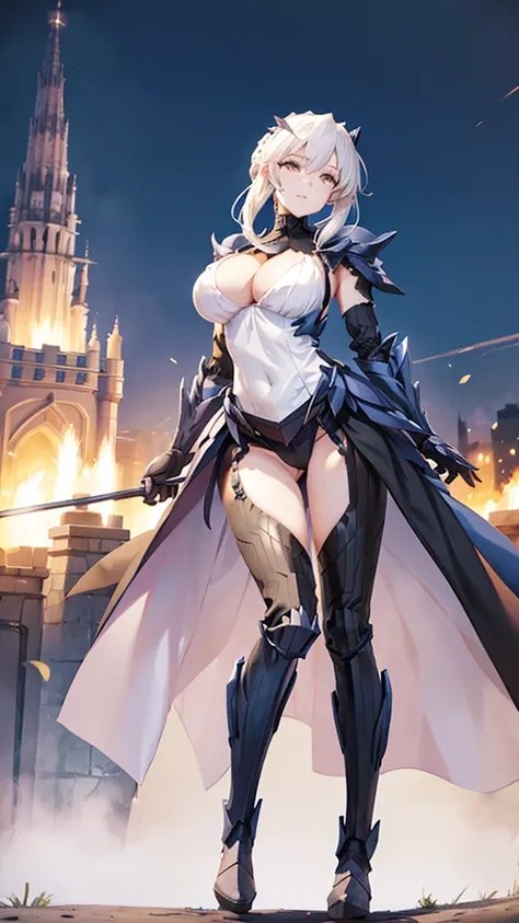 Adult female with white hair，cleavage，slim figure，Queen，black knight armor，Iron skirt，Thin legs，iron boots，Standing，castle