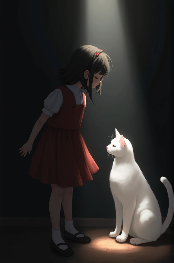 (masterpiece, best quality:1.2),rays of black light, 1 girl, Solitary，There is a white cat next to me，There is a red hairpin on the cat&#39;s head