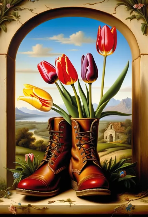 Surreal illustration by Kevin Sloan, oil painting, Beautiful tulips growing in a torn old boot, against the background of the desolate wilderness of the Renaissance 
((Kevin Sloan style)) ,((Hyper-realistic)), Kevin Sloan gradient, Complex details, Intrica...