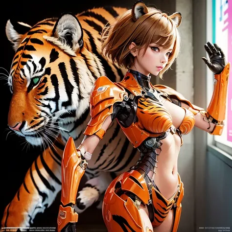 full body, Exposed breasts, Short-haired girl, Brown Hair, Tiger-themed mecha, High resolution, accurate, Anatomically correct, 最high quality, detail, 高いdetail, high quality, Multiview, Exposed shoulders, Exposed Skin, Neon Light,