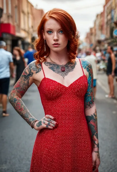 redhead model with tattoos wearing short red dress with blue eyes in realistic busy street