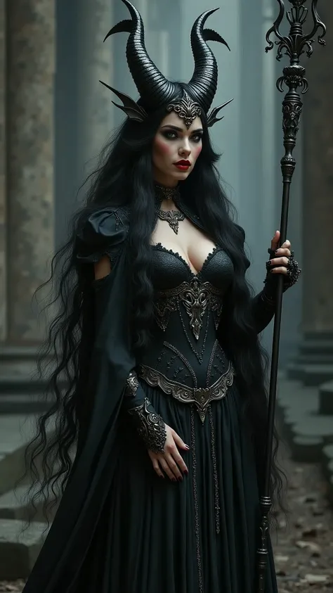 Black long hair，Dragon Horn，accessories，Queen，Maleficent，Holding a scepter，Red lipstick，Dragon Girl