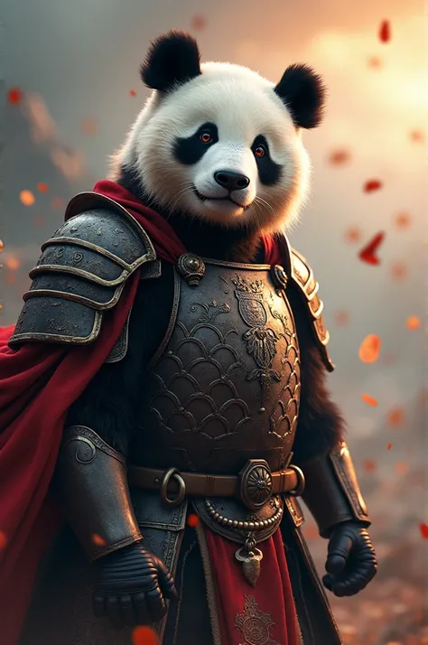 A panda wearing armor all the time，Revealing the heavy breath of ancient times，Behind is the scene of destruction，There was thunder and lightning in the sky，But there is a holy dawn