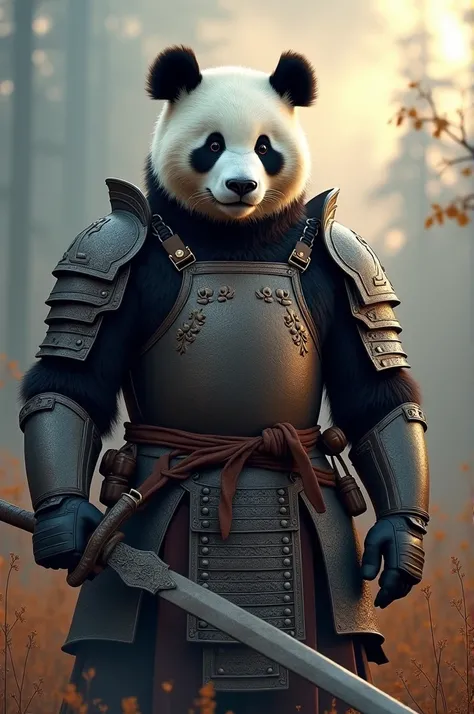 A panda wearing armor all the time，Revealing the heavy breath of ancient times，Behind is the scene of destruction，There was thunder and lightning in the sky，But there is a holy dawn