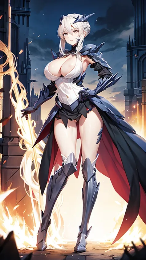 Adult female with white hair，cleavage，slim figure，Queen，black knight armor，Bare waist，Iron skirt，Thin legs，iron boots，Standing，castle