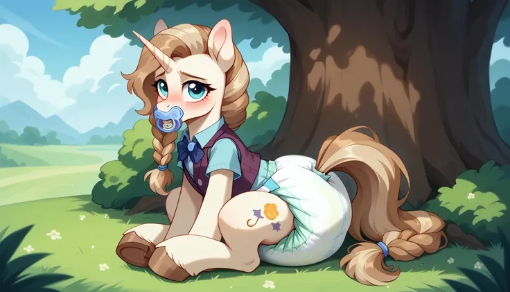 pony, light caramel unicorn, adult mare, plum eyes, lush mane braided, bushy tail, sitting outside, dressed in a vest and booties, pacifier in mouth, solo, thick diaper under clothes, bulge on the back of the diaper, between the hind hooves and on the fron...