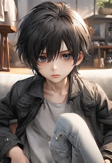 A kid, boy, handsome, black hair, short hair, mullet, black eyes, upturned eyes, expressionless, black jacket, anime, first-person view, masterpiece, anatomically correct, high details, highres, best quality, super detail