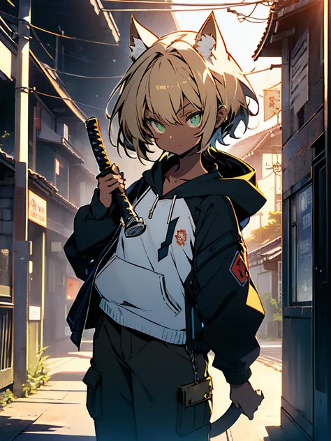 (Highest quality: 1.3), (masterpiece: 1.3), (超detailed: 1.3), (wallpaper, 1 girl, , (detailed),One elementary school girl,Anime girl in black with cat hoodie, Black hoodie,Hooded,With a sword,Held up a sword,Japanese sword,Two-Way,samurai,short hair,Dance ...