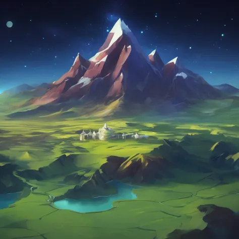 ((masterpiece, best quality)), absurdres, Isometric_Setting, small mountains, grassfield, space and stars background