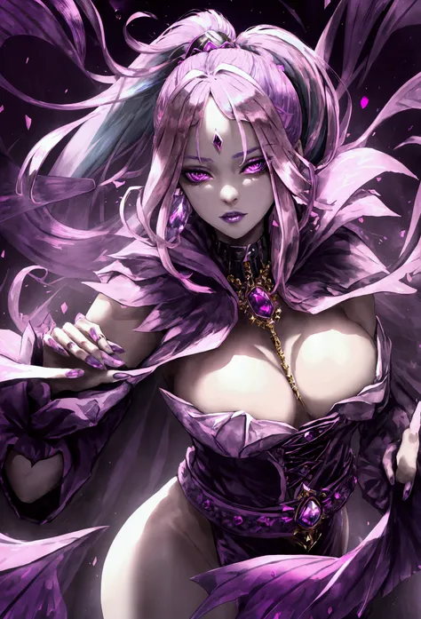 Vampire Queen Combat Dress (Radiant Royal Cloak: 1.2) Black and Purple Color, (extremely delicate beautiful eyes and depression but arrogant eyes), (multicolor, ponytail, iridescent hair, colorful hair, half purple and half pink hair: 1.3), (magical, mythi...