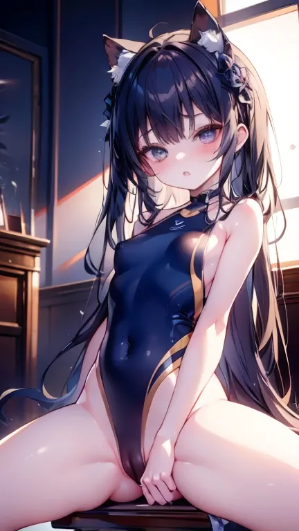 (Highest quality)), ((masterpiece)), (detailed), One Woman，14歳のBeautiful woman，Very sexy，(((very small breasts 1.5,One piece navy blue competitive swimsuit))),
Beautiful woman，Beautiful little face，Beautiful teeth alignment，Beautiful 8-head body line，Slend...