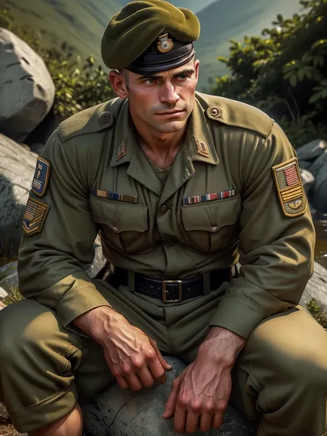 a close-up of a man in military uniform sitting on a rock, World War 2 portrait photo, military photography, closeup portrait photo, portrait photo, vietnam war Soldier, portrait of a Soldier, character photography, rugged Soldier, white american Soldier, ...