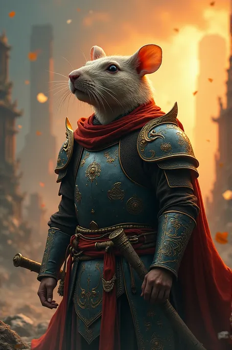 The zodiac rat who is always wearing armor，Revealing the heavy breath of ancient times，Behind is the scene of destruction，There was thunder and lightning in the sky，But there is a holy dawn