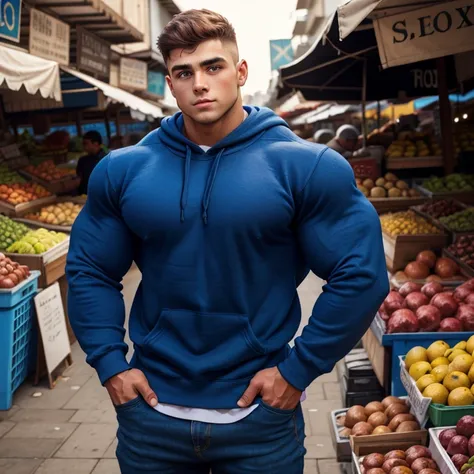 a young man, big eyes, short hair, wearing a tight simple blue sweatshirt with long sleeves, massively muscular, with massively ...