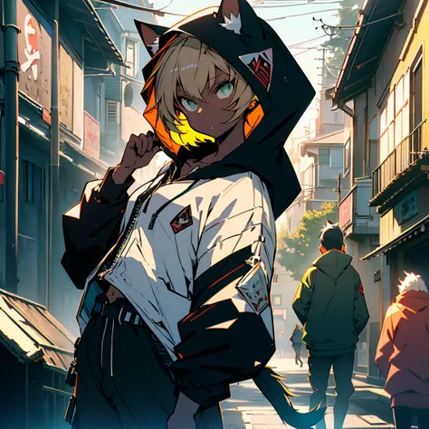 (Highest quality: 1.3), (masterpiece: 1.3), (超detailed: 1.3), (wallpaper, 1 girl, , (detailed),One elementary school girl,Anime girl in black with cat hoodie, Black hoodie,Hooded,With a sword,Held up a sword,Japanese sword,Two-Way,samurai,short hair,Belly ...