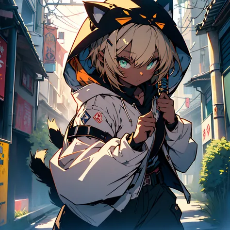 (Highest quality: 1.3), (masterpiece: 1.3), (超detailed: 1.3), (wallpaper, 1 girl, , (detailed),One elementary school girl,Anime girl in black with cat hoodie, Black hoodie,Hooded,With a sword,Held up a sword,Japanese sword,Two-Way,samurai,short hair,Belly ...