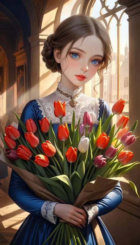 Renaissance period young woman, detailed face, beautiful eyes, lush lips, long eyelashes, porcelain skin, Renaissance era dress, holding big bouquet of tulips, intricate details, warm lighting, oil painting, masterpiece, photorealistic, ultra-detailed, vib...