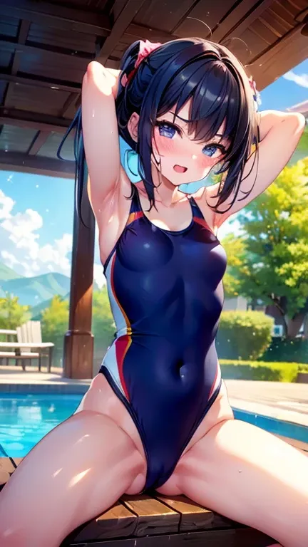 (Highest quality)), ((masterpiece)), (detailed), 一人の14歳のBeautiful woman，Very sexy，(((very small breasts 1.5,One piece navy blue competitive swimsuit))),By the pool,
Beautiful woman，Beautiful little face，Beautiful teeth alignment，Beautiful 8-head body line，...