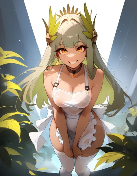 1girl, muelsyse (arknights), arknights
 masterpiece, best quality, newest ///// nyantcha, khyle, cutesexyrobutts  thin waist, solo, cropped legs,, dutch angle, naked apron,, transperent, see-through. sky, space, outside border, looking at viewer, greenery,...