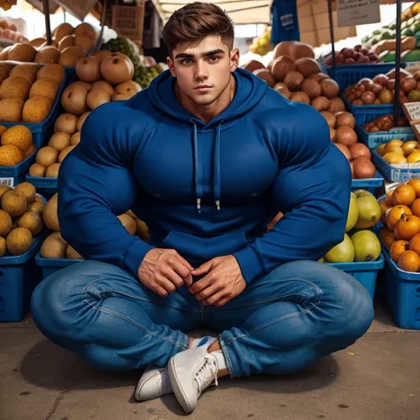 a young man, big eyes, short hair, wearing a tight simple blue sweatshirt with long sleeves, massively muscular, with massively large muscles, with his hands in his pockets, sitting on the floor of a market