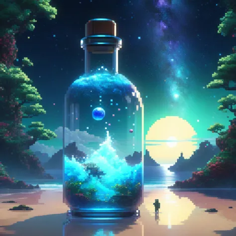 pixel art, the entire observable universe is in a bottle, dream-like, surreal landscape, mysterious creatures, twisted reality, ...