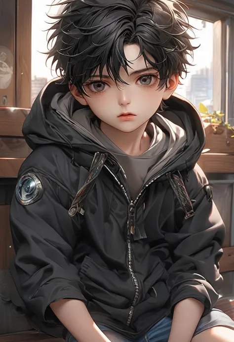 A kid, boy, handsome, black hair, short hair, mullet, black eyes, upturned eyes, expressionless, black jacket, anime, first-person view, masterpiece, anatomically correct, high details, highres, best quality, super detail  Wear a cool hoodie.