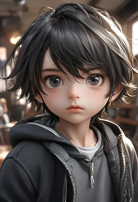 A kid, boy, handsome, black hair, short hair, mullet, black eyes, upturned eyes, expressionless, black jacket, anime, first-person view, masterpiece, anatomically correct, high details, highres, best quality, super detail  Wear a cool hoodie.