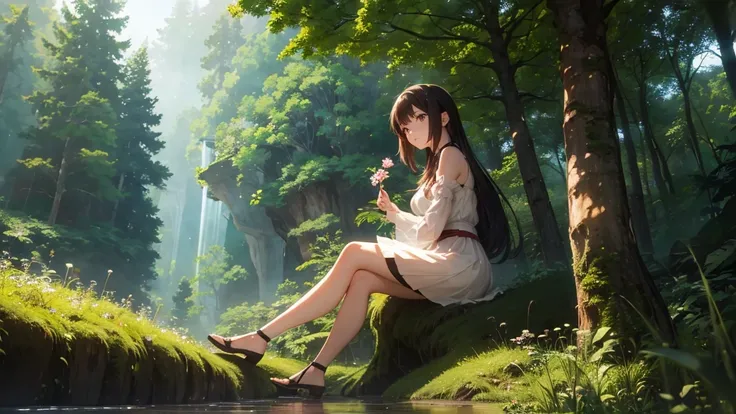 (4K images:1.3),Anime-like image,High resolution,Very beautiful illustration,A fantastic atmosphere,Girl sitting in the forest,Fairy,Ghibli-inspired design,Her hair color is dark brown.