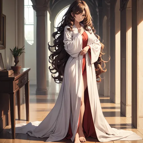 Woman,curly longhair,long robe, hand on the waist,full body image