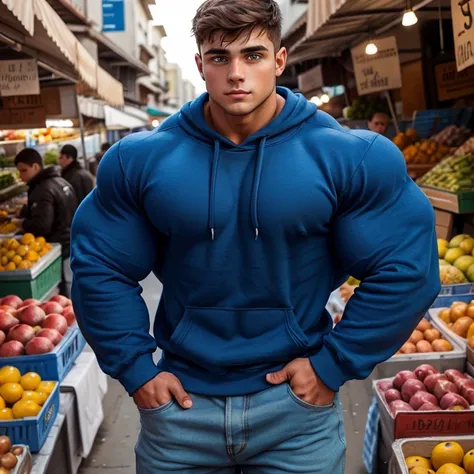 a young man, big eyes, short hair, wearing a tight simple blue sweatshirt with long sleeves, massively muscular, with massively ...