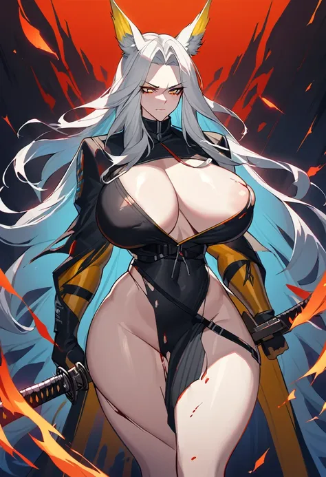 Hellagur(Arknights),grey hair,feather ears,curvy body,wearing original clothes(torn off),wielding big katana, big breast,big thighs, covered in blood,bruised,injuredgore,flame background,midnight setting,very nsfw, uncensored.