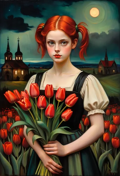 [[(front full portrait: (young Hera Hilmar with buquet Tulips) (solo) with big eyes and a red short hair two pigtails , apple)((Edvard-Munch style!!!))])):20]/[background: landscape
 dark Renaissance, old canva, (noir night), ((russian landscape style Esao...