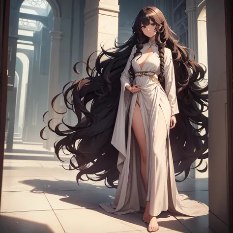 a one woman,curly longhair,long robe,longskirt,hand on the waist,full body image