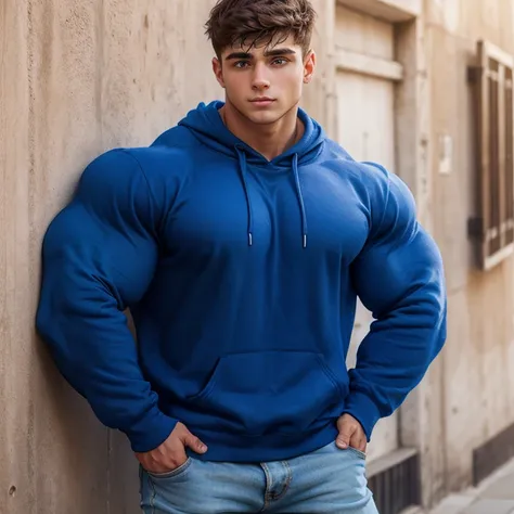 a young man, big eyes, short hair, wearing a tight simple blue sweatshirt with long sleeves, massively muscular, with massively large muscles, with his hands in his pockets, leaning against the wall of a market