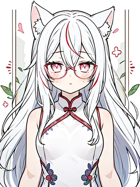 best quality, masterpiece, 1 girl, loli, upper body, hairs between eyes, female, pink eyes, long hair, small breasts, expressionless, Wink , cat ears, white hair, silver hair, streaked hair，   long bangs, cheongsam，Glasses