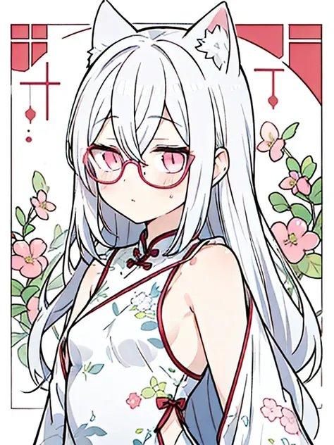 best quality, masterpiece, 1 girl, loli, upper body, hairs between eyes, female, pink eyes, long hair, small breasts, expressionless, Wink , cat ears, white hair, silver hair, streaked hair，   long bangs, cheongsam，Glasses