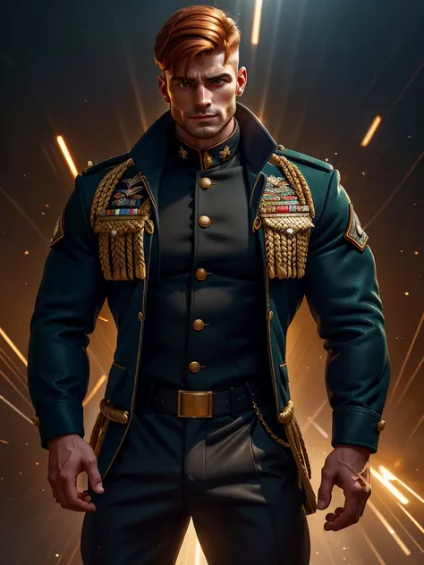 A vector cartoon illustration style, a character photo portrait of a Georgian man with amber hair Flaunting a tailored, military-inspired jacket with gold braiding and coordinating pants, unsplash, light and space, dramatic light on face, realistic face mo...