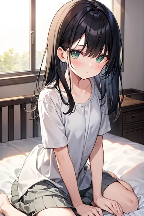 Bedroom、Sit on the bed、Green Eyes、Black Hair、Clear Eyes、Gaze Here